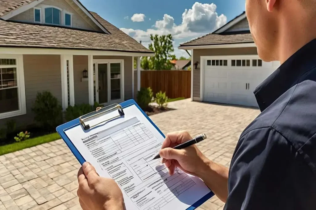 Home inspector with clipboard evaluating residential property exterior during professional home inspection process