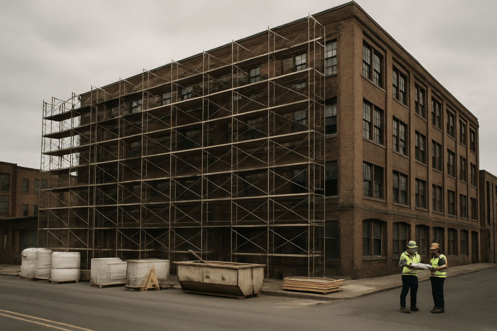 A wide, grounded scene of an active commercial renovation on a recognisably Bethlehem-era brick structure reinforces the