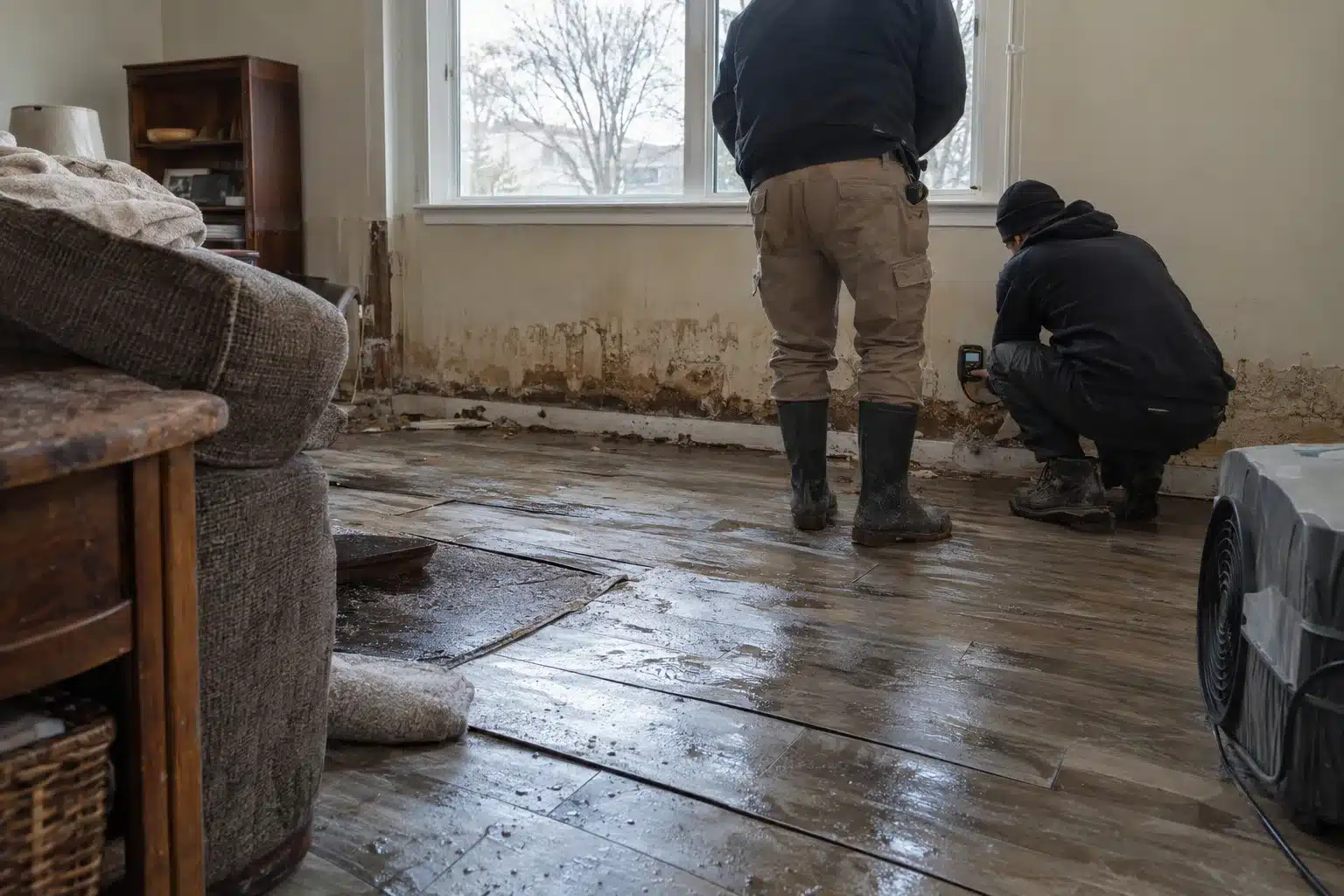Flooded residential living room interior with water-stained walls and buckled flooring, two workers crouching near the baseboard taking moisture readings with handheld equipment