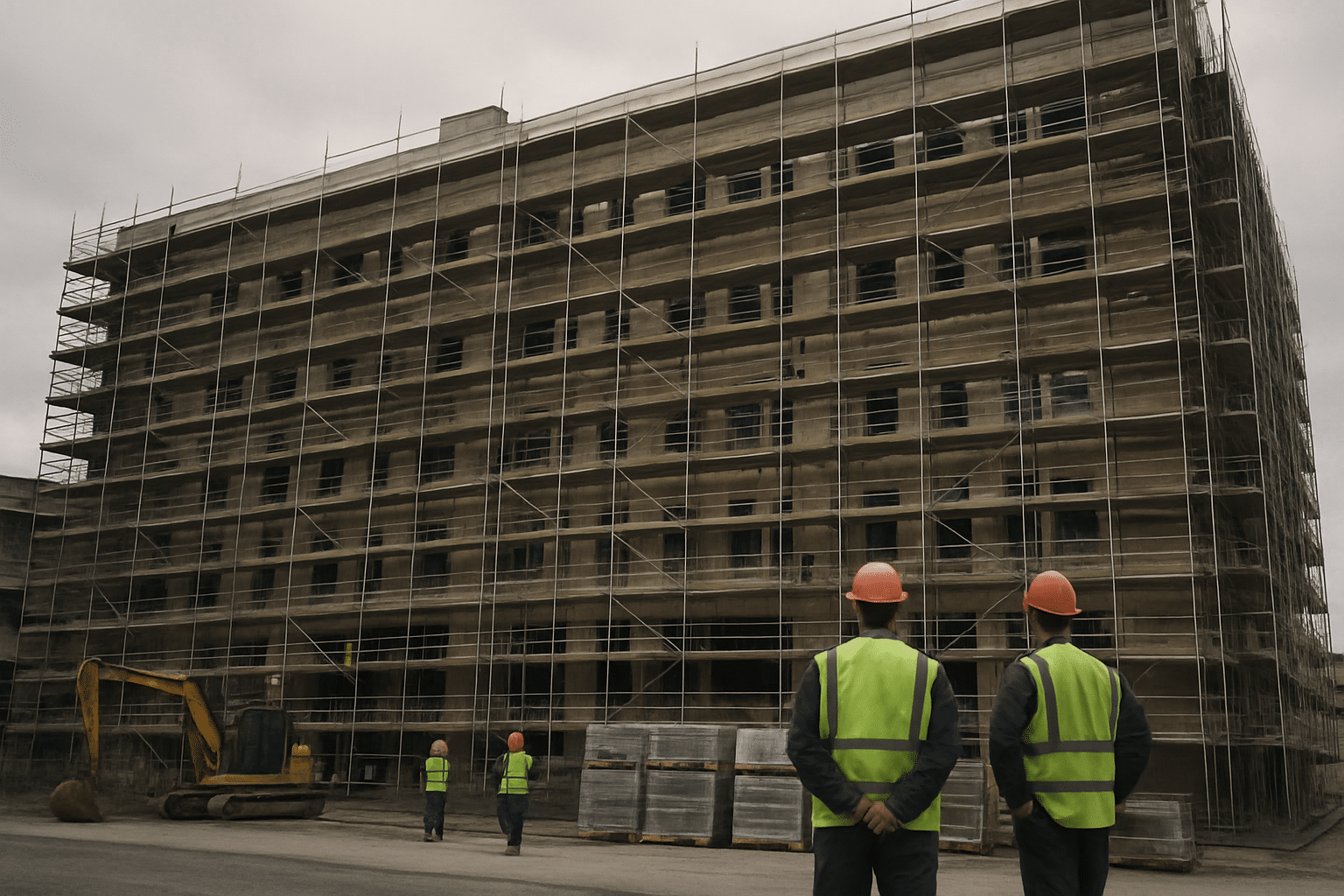A large-scale commercial renovation scene with scaffolding and multi-trade activity visually conveys the scope and compl
