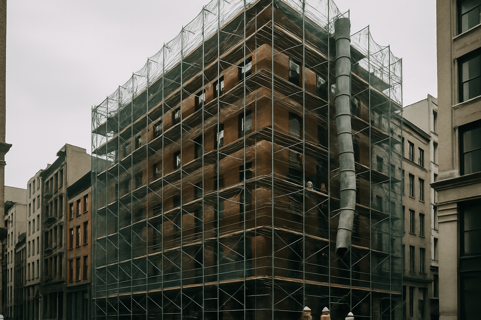 A scaffolded Manhattan commercial building shot at street level grounds the permit-timeline guide in recognizable NYC co