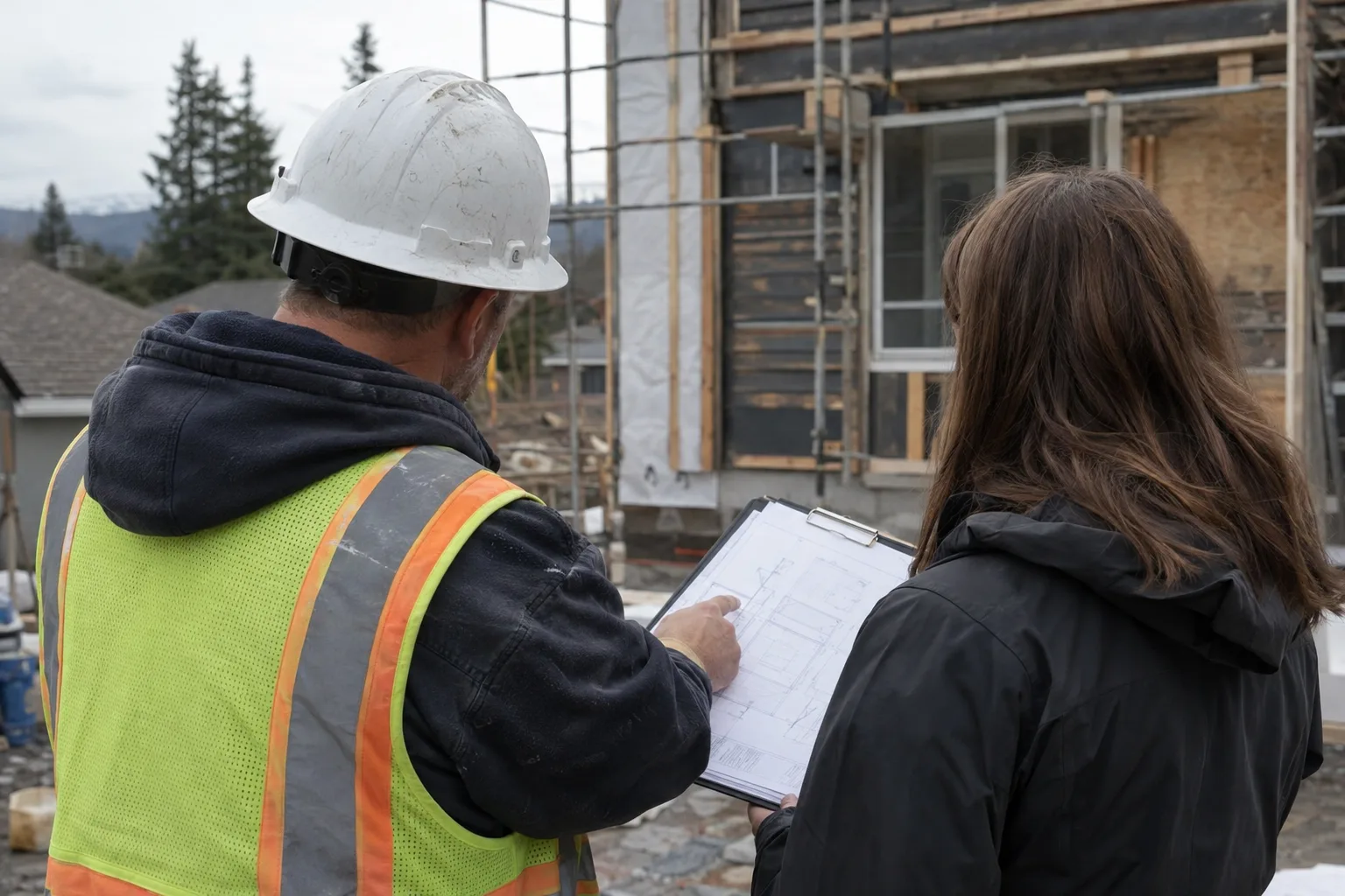 Site manager and inspector walking a property exterior reviewing documentation, natural light, observational