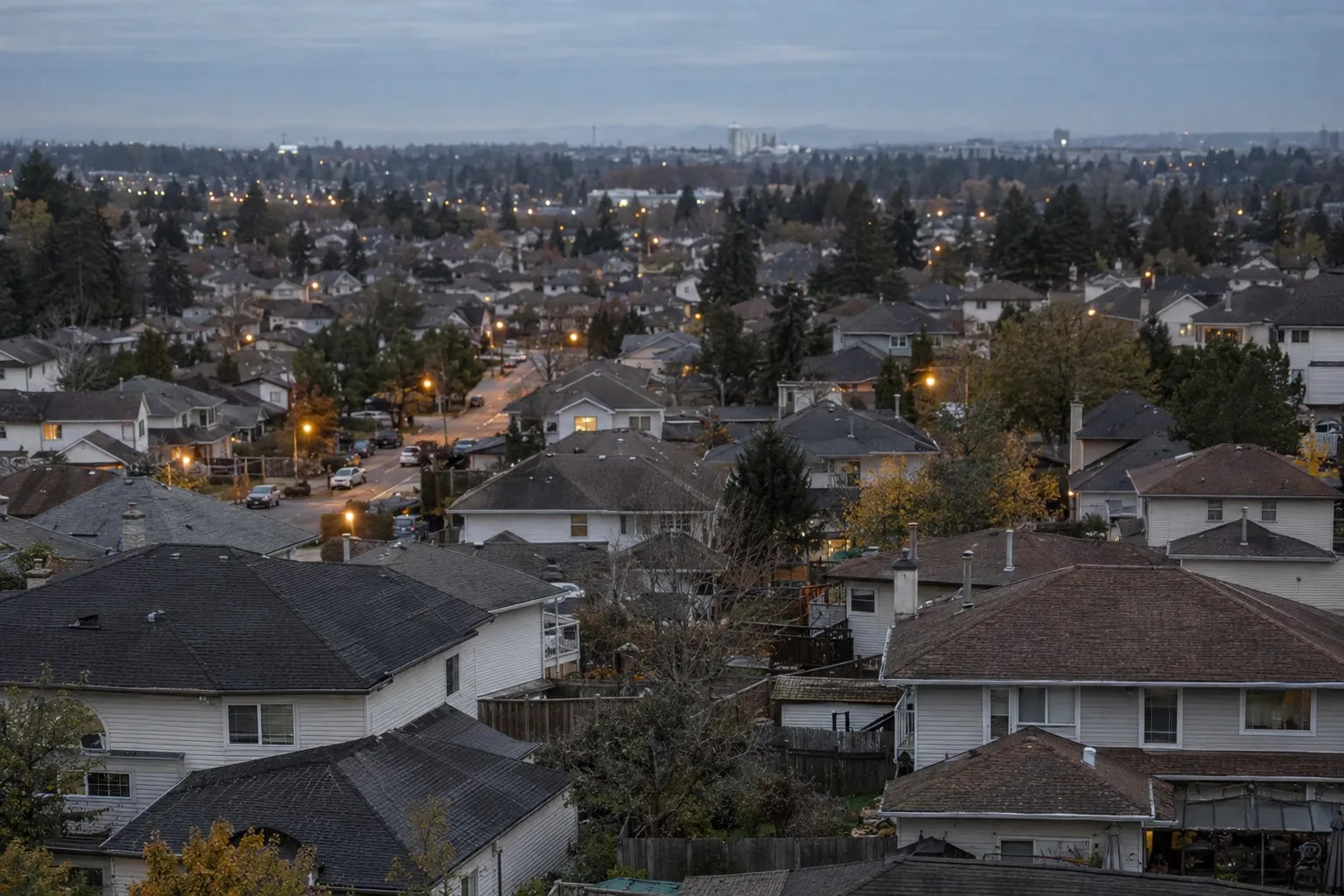 Heavily defocused aerial of city rooftops at dusk, warm and blue tones