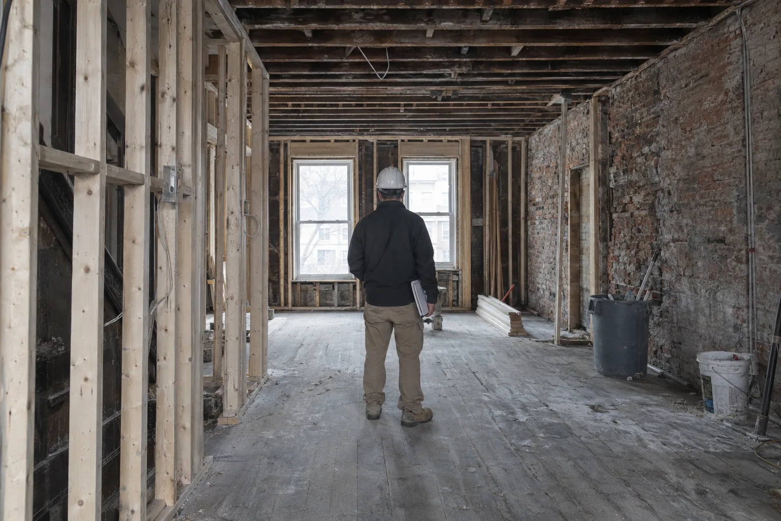 Project manager reviewing one shared construction schedule with an electrician and a plumber inside a gutted Philadelphia brick rowhouse, natural daylight